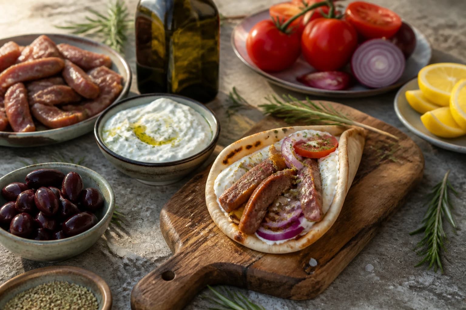 Gyros de porc maison à la grecque dans un pita moelleux avec tzatziki frais, tomate et oignon rouge