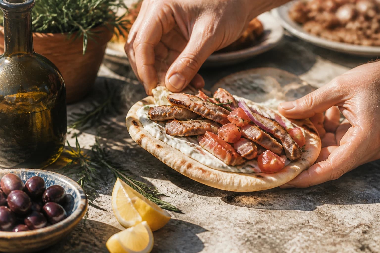 Etape 4 : Garnir et assembler les pitas — Gyros de porc maison à la grecque