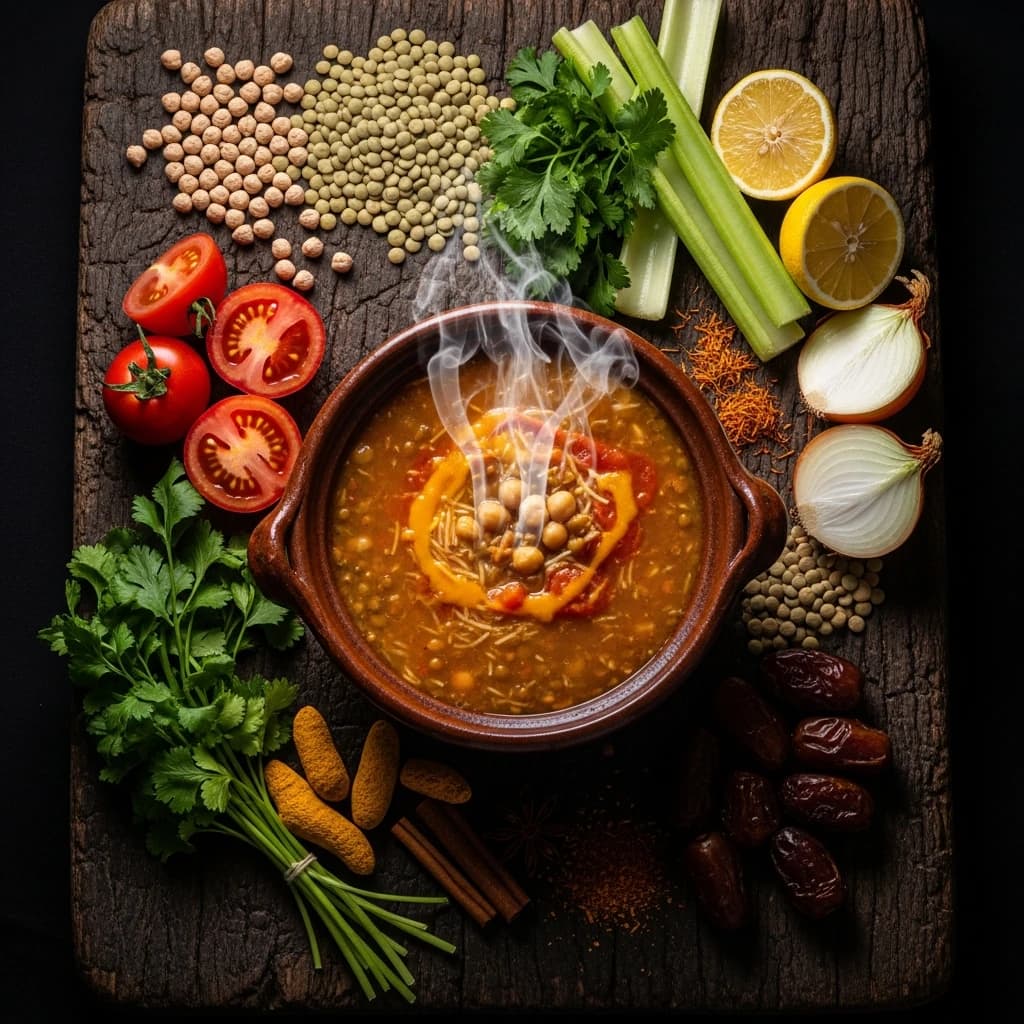 Harira marocaine vue de dessus avec pois chiches lentilles tomates épices éparpillés sur planche en bois
