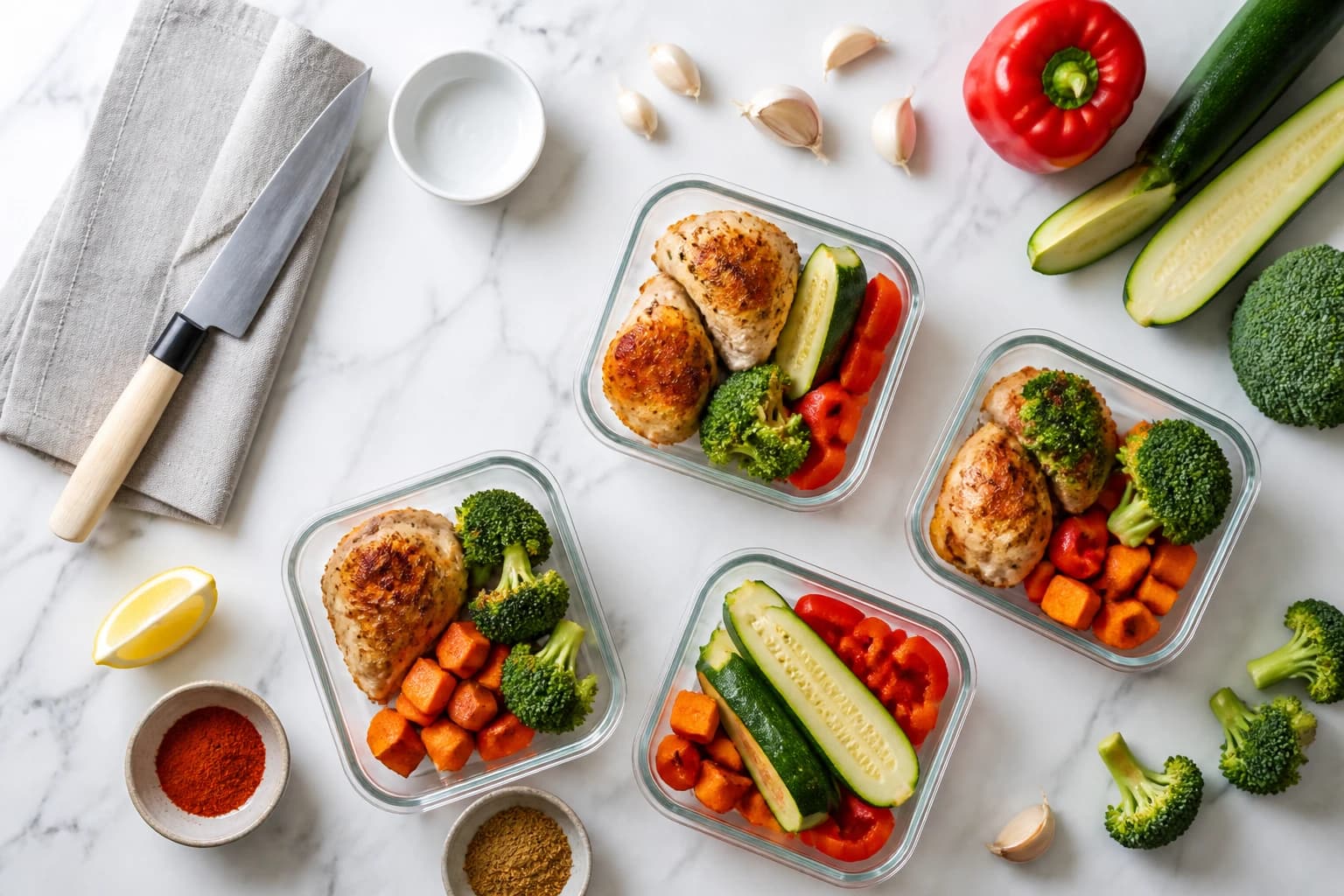 Filets de poulet dorés à la poêle à côté de légumes rôtis colorés sortant du four pour un meal prep