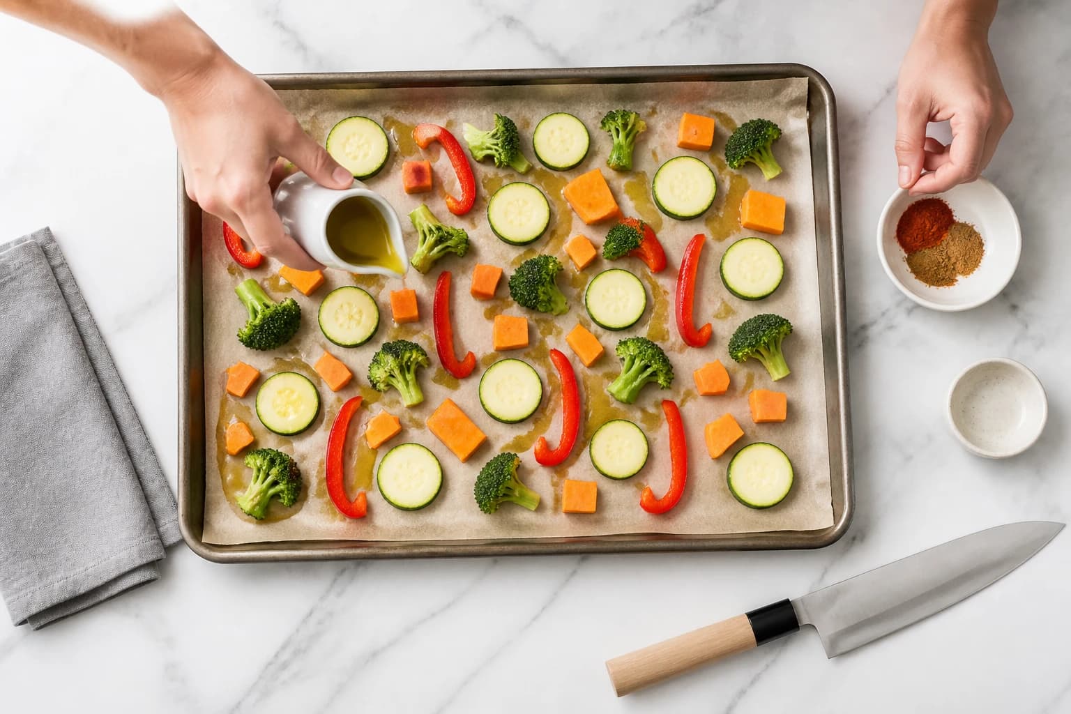 Etape 2 : Assaisonner et enfourner les legumes — Meal prep poulet légumes rôtis : 4 repas minceur en 1h
