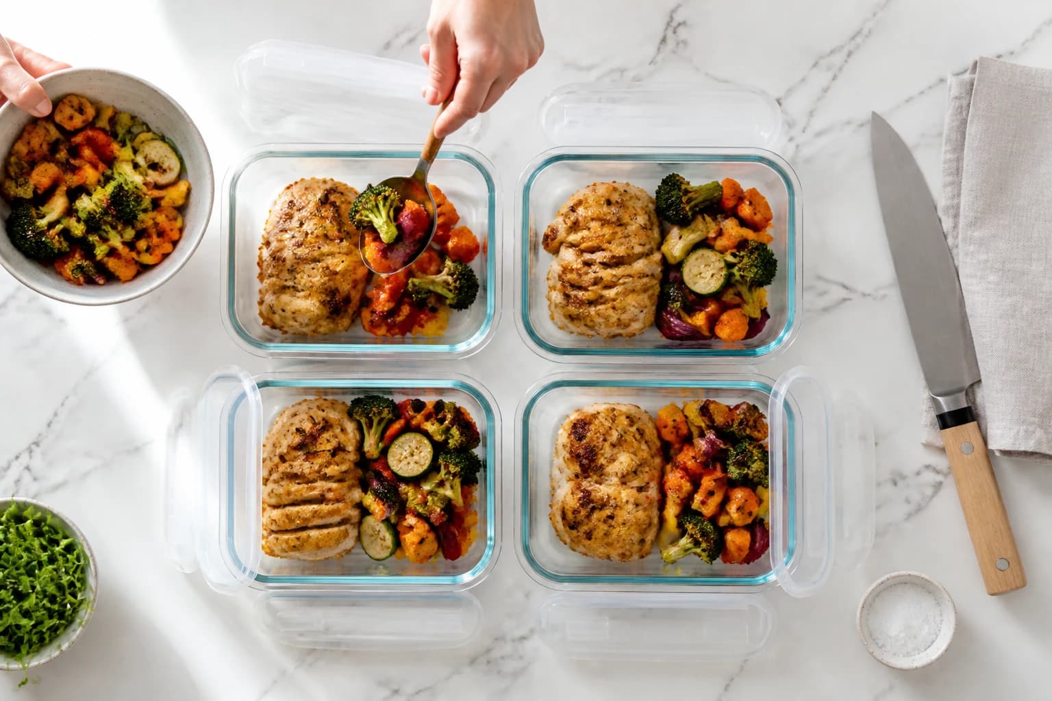 Etape 4 : Repartir dans les boites repas — Meal prep poulet légumes rôtis : 4 repas minceur en 1h