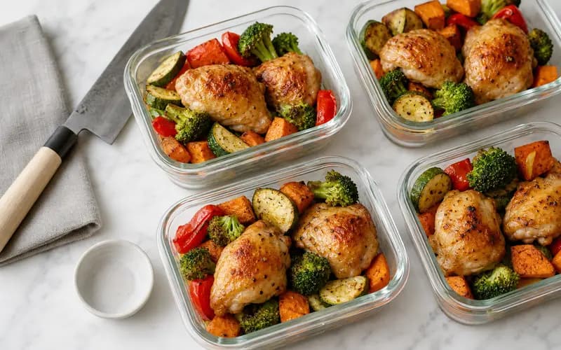 Meal prep poulet légumes rôtis : 4 repas minceur en 1h