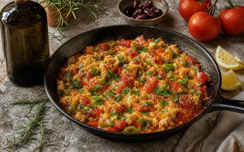 Menemen turc : oeufs brouillés aux tomates et poivrons