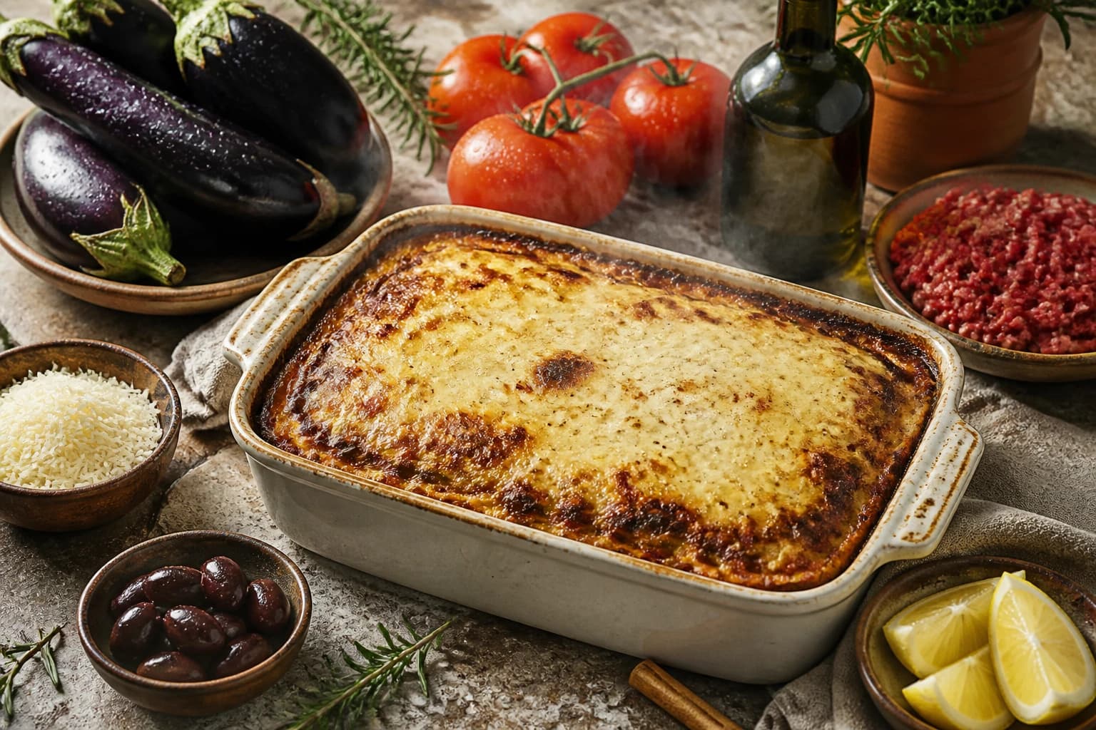 Moussaka grecque allégée aux aubergines fondantes et béchamel dorée, gratin méditerranéen en couches