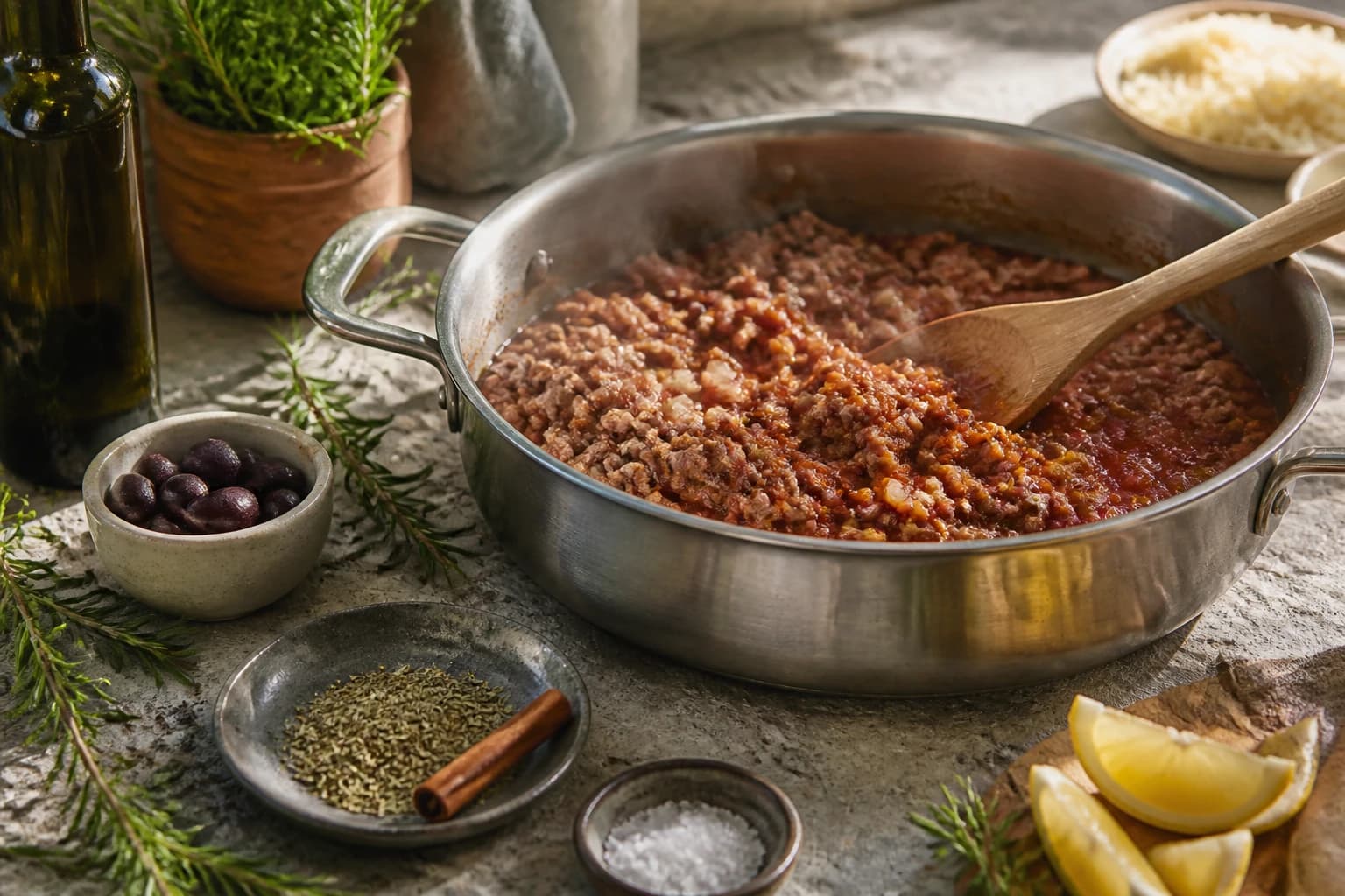 Etape 2 : Préparer la sauce à la viande et à la cannelle — Moussaka grecque allégée fondante