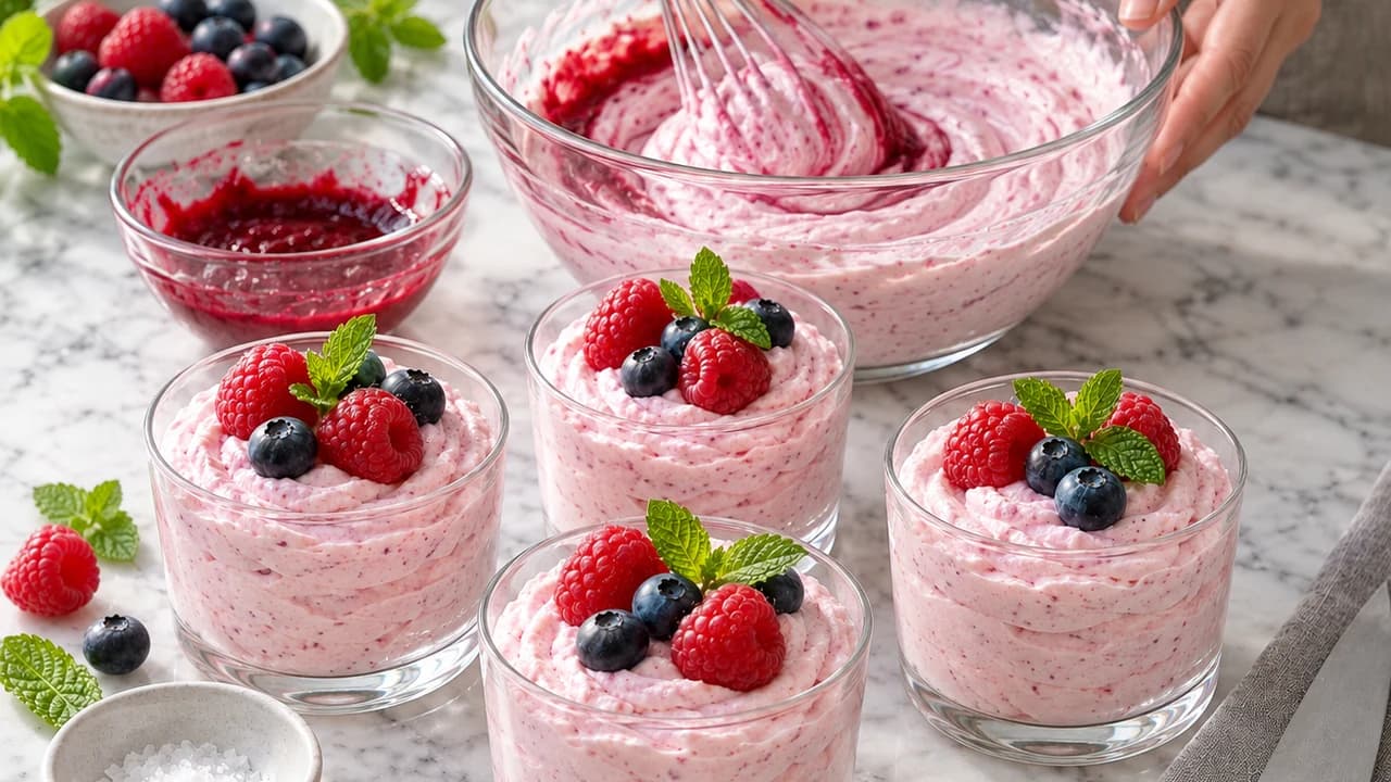 Etape 2 : Mélanger le fromage blanc et les fruits — Mousse de fromage blanc fruits rouges sans sucre ajouté