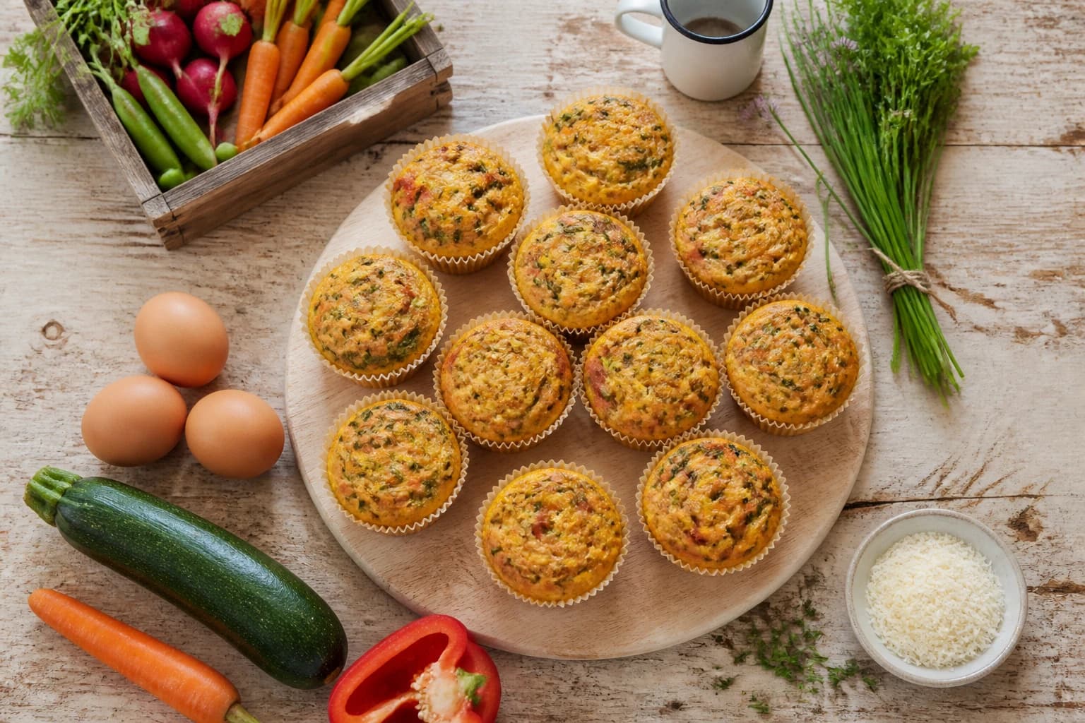 Muffins salés œuf et légumes dorés sortis du four, entourés de courgette et poivron crus