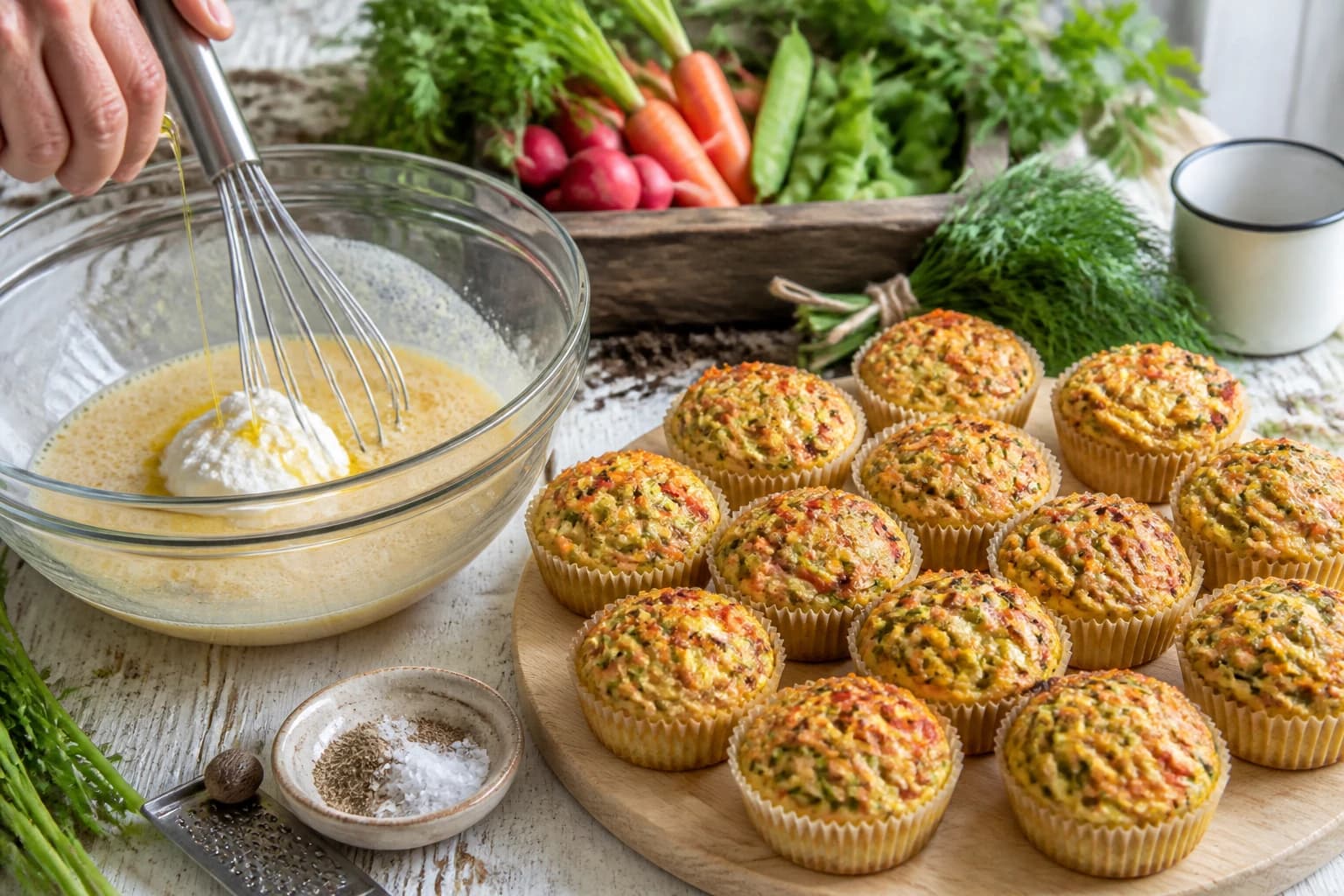 Etape 2 : Battre les œufs et la base moelleuse — Muffins salés œuf légumes : 4 légumes au four