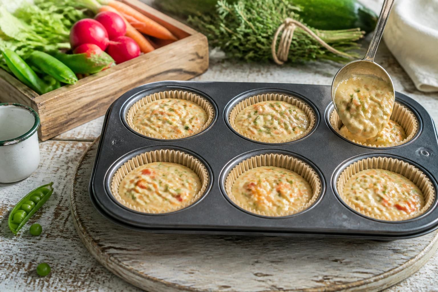 Etape 4 : Garnir les moules et enfourner — Muffins salés œuf légumes : 4 légumes au four