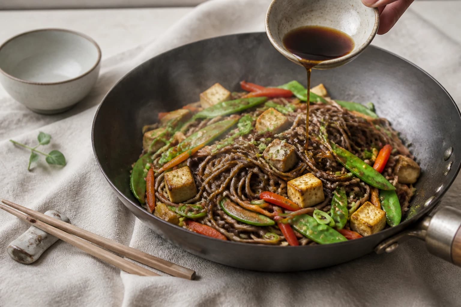 Etape 5 : Lier, assaisonner et servir — Nouilles soba sautées : 5 légumes pour un wok sain et savoureux