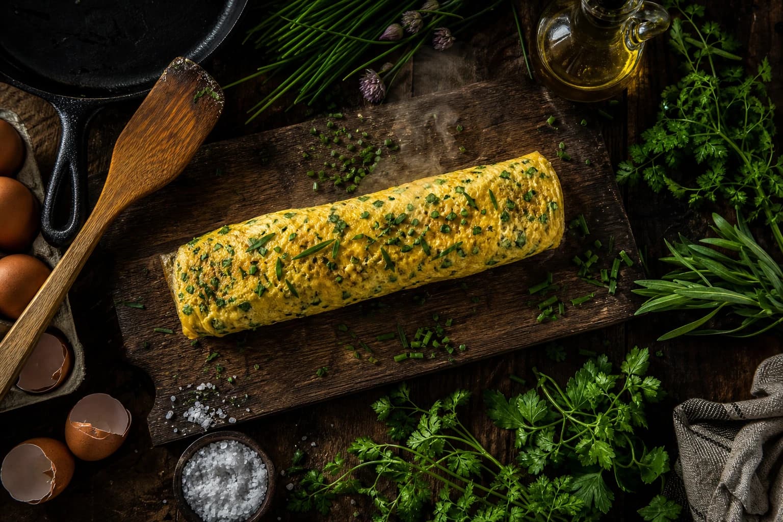 Omelette aux fines herbes baveuse roulée dans une assiette blanche, parsemée de ciboulette et persil ciselés