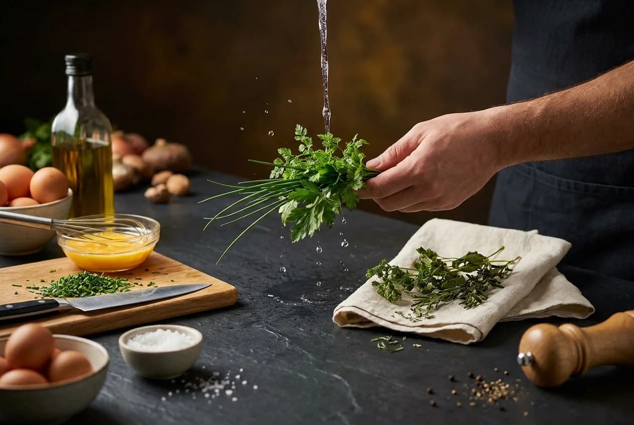 Etape 1 : Préparer les herbes et battre les œufs — Omelette aux fines herbes fondante
