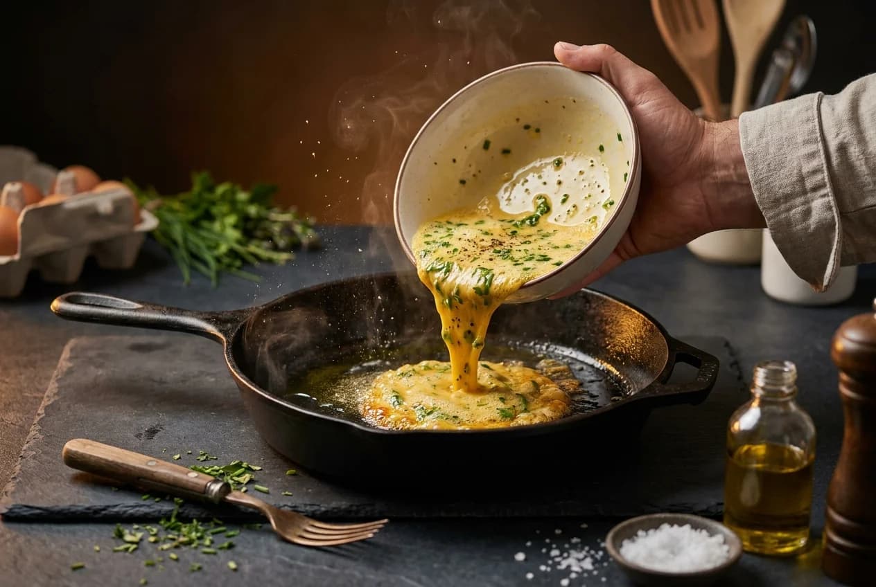 Etape 3 : Verser et cuire l'omelette — Omelette aux fines herbes fondante