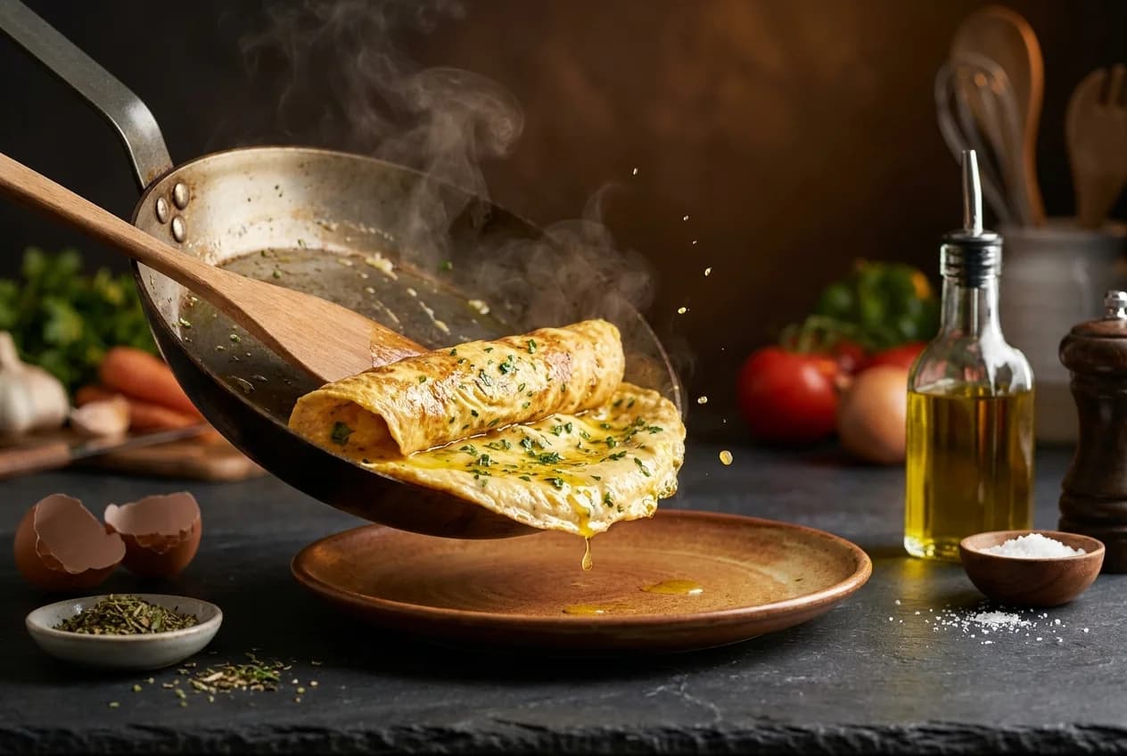 Etape 4 : Rouler et servir minute — Omelette aux fines herbes fondante