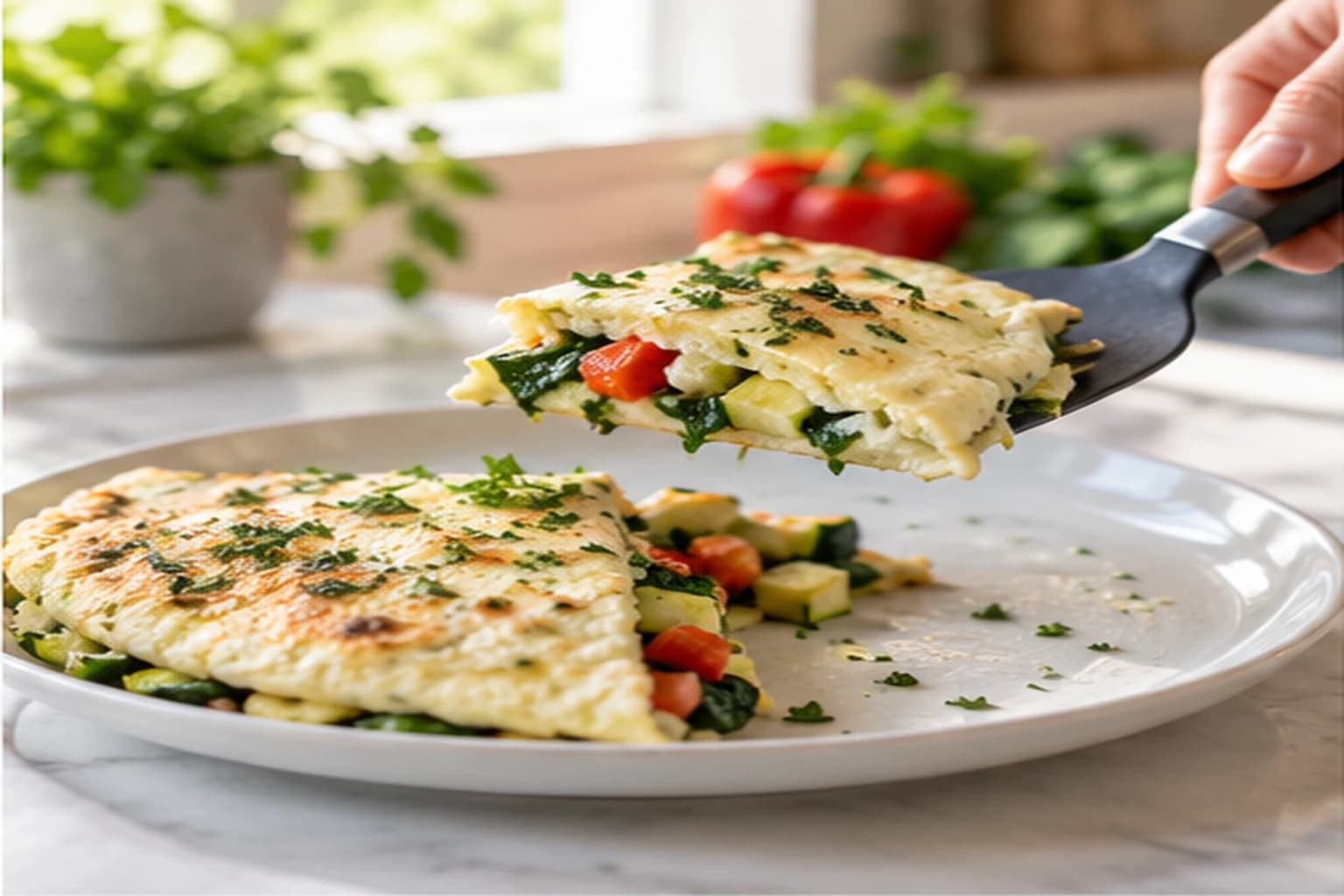 Part d'omelette blanche aux légumes soulevée avec une spatule