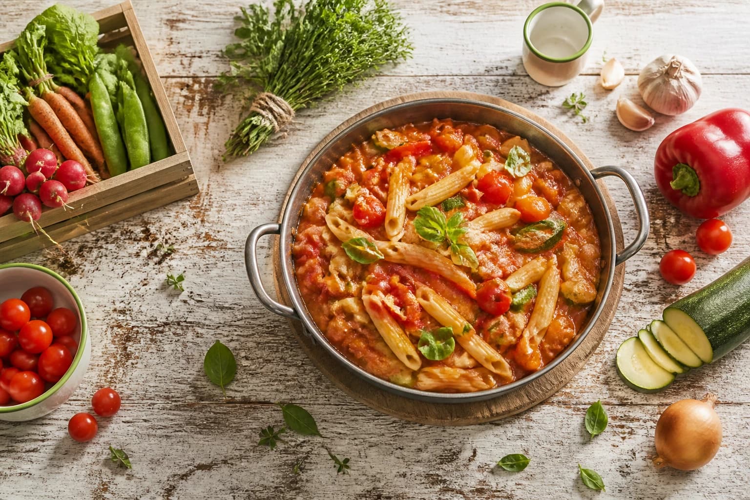 Pâtes complètes et légumes mijotés dans une casserole avec une cuillère en bois qui remue la préparation