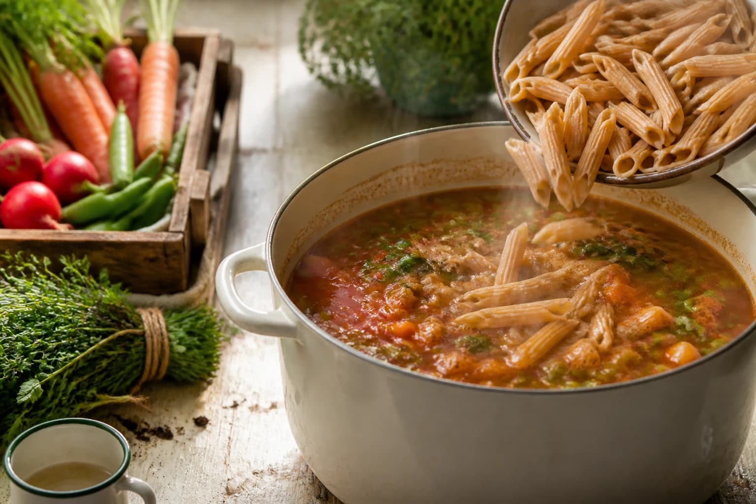 Etape 4 : Cuire les pâtes complètes dans le bouillon — One pot pâtes complètes : 5 légumes, une casserole