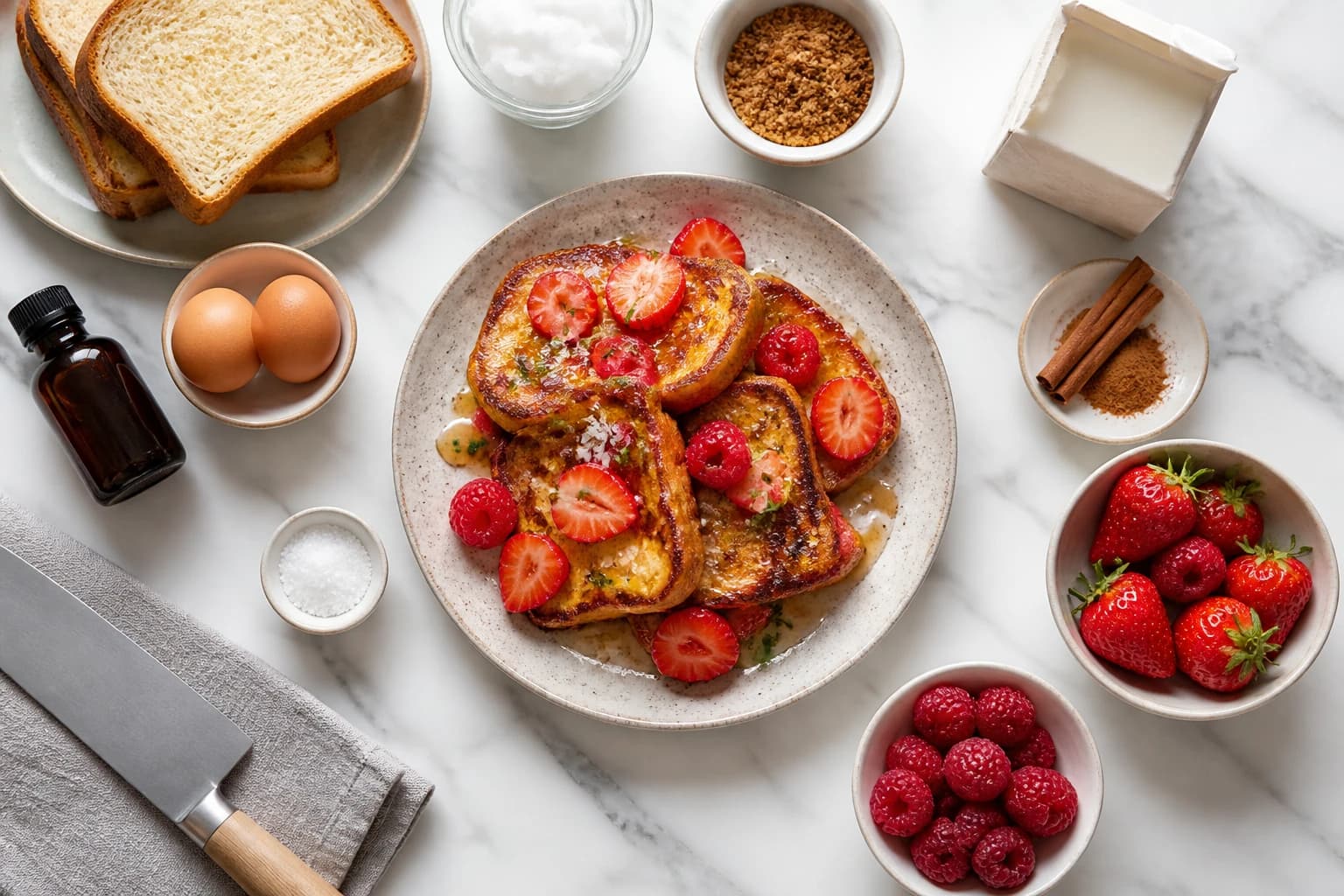 Pain perdu brioche vanille doré dans l'assiette avec fruits frais et yaourt