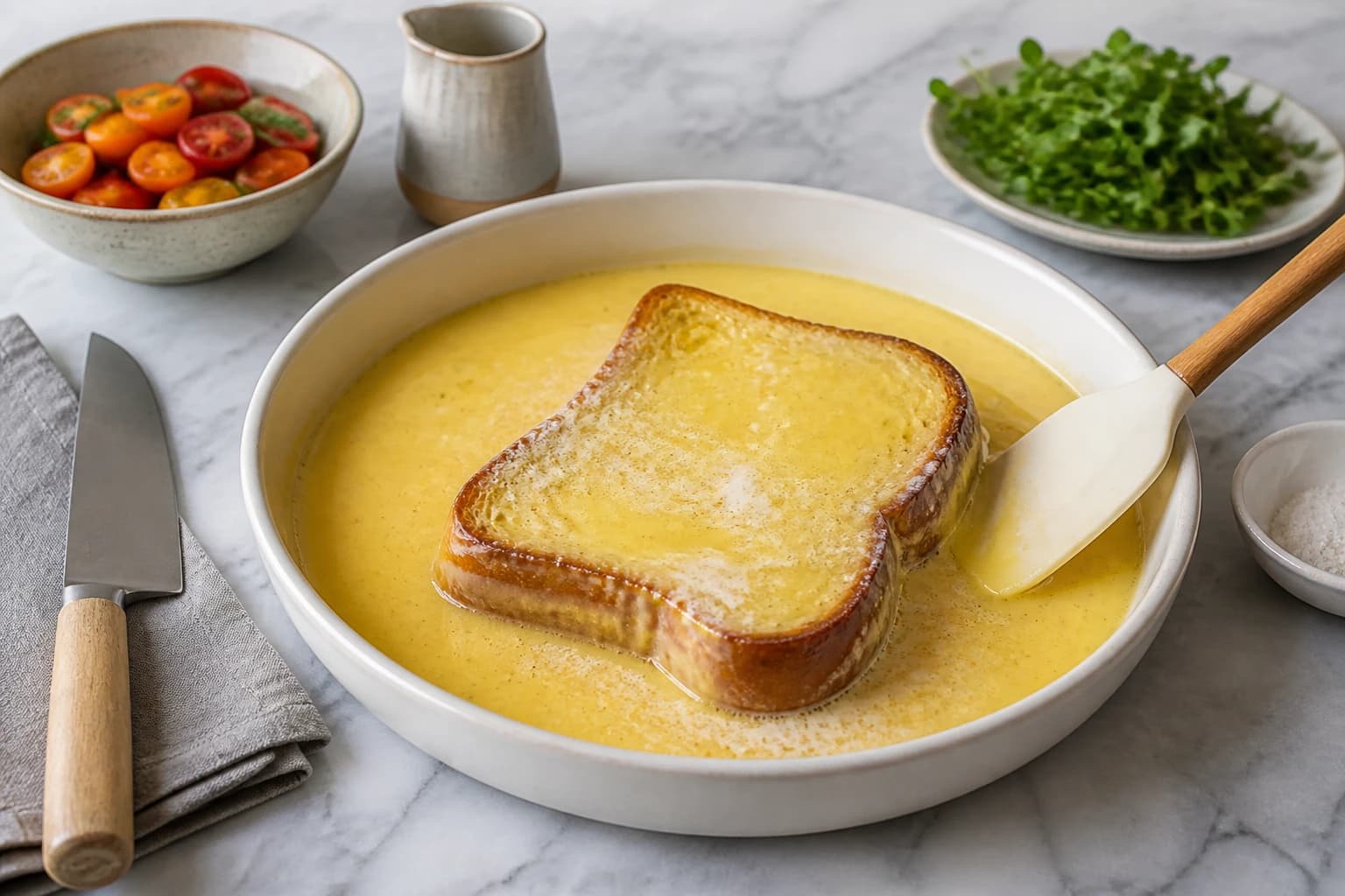 Etape 2 : Tremper la brioche — timing précis — Pain perdu brioche healthy : la recette dorée sans remords en 15 min