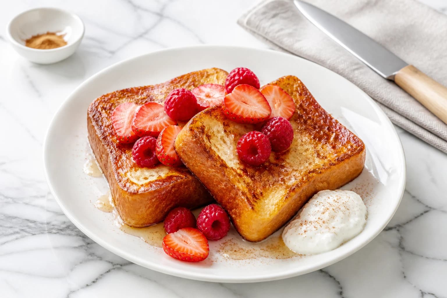 Etape 4 : Servir immédiatement avec les garnitures — Pain perdu brioche healthy : la recette dorée sans remords en 15 min