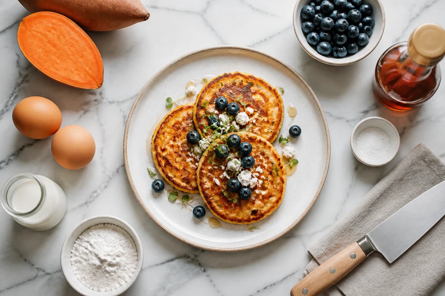 Pancakes patate douce sans gluten avec garniture de fruits frais et sirop d'érable
