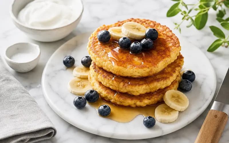 Pile de pancakes patate douce dorés et moelleux sans gluten, nappés d'un filet de sirop d'érable