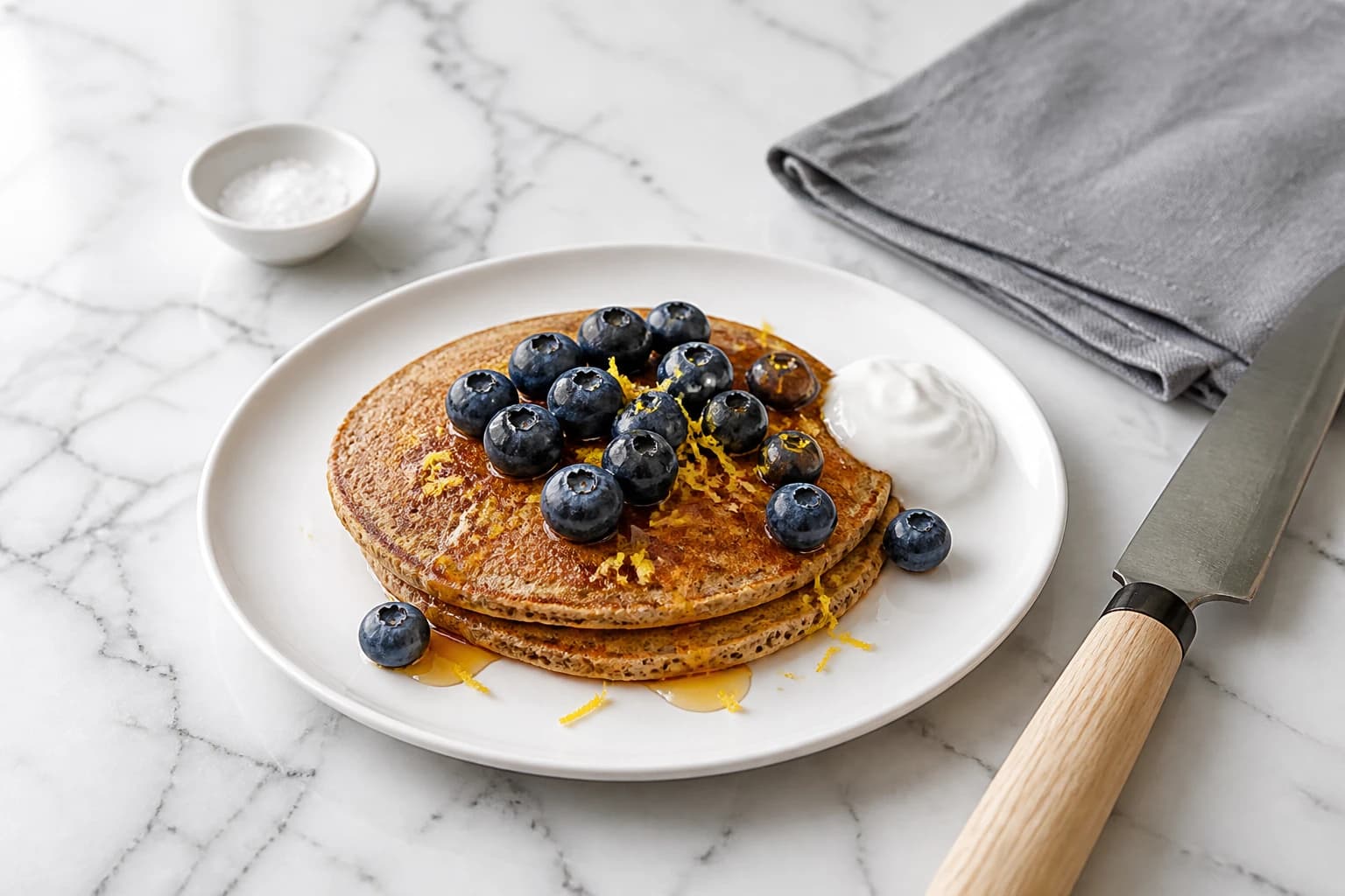 Etape 4 : Servir avec la garniture de saison — Pancakes de sarrasin aux myrtilles vegan