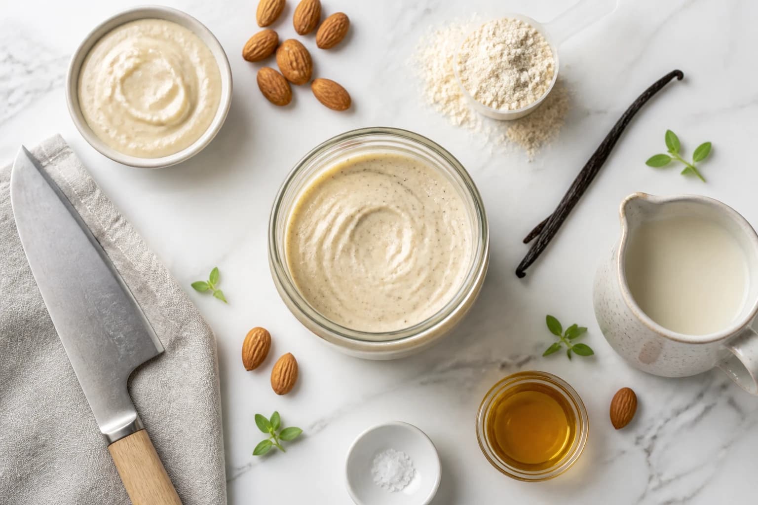 Pot de pâte à tartiner amande-vanille protéinée avec tartines complètes et amandes effilées