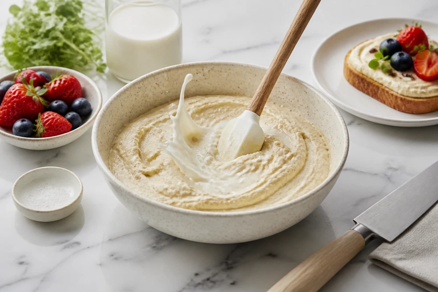 Etape 3 : Ajuster la texture avec le lait végétal — Pâte à tartiner amande-vanille protéinée