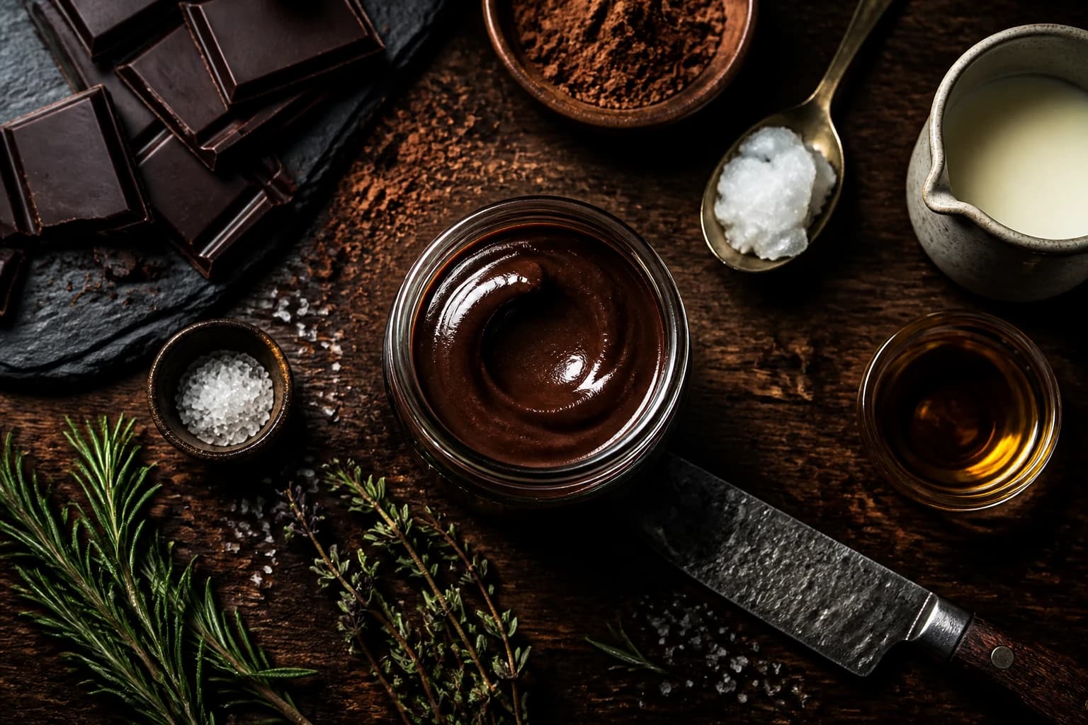 Pâte à tartiner chocolat noir vegan dans un bocal en verre avec une spatule en bois sur une table en bois clair
