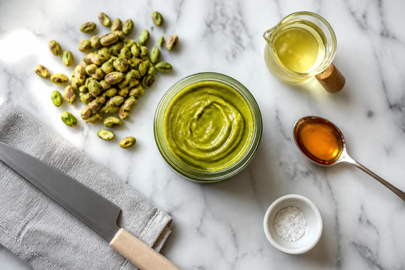 Pot de crème de pistache maison façon Dubaï, texture crémeuse vert émeraude avec des éclats de pistaches décortiquées