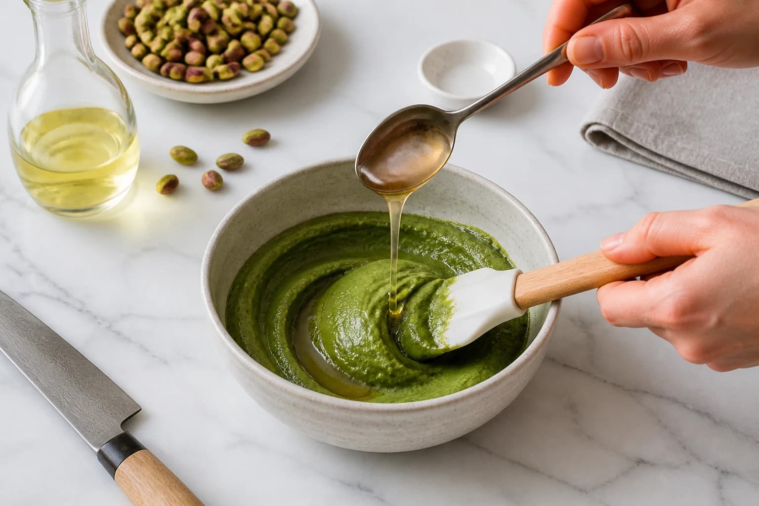 Etape 3 : Incorporer l'huile et le sucrant pour la texture tartinable — Pâte à tartiner pistache maison façon Dubaï