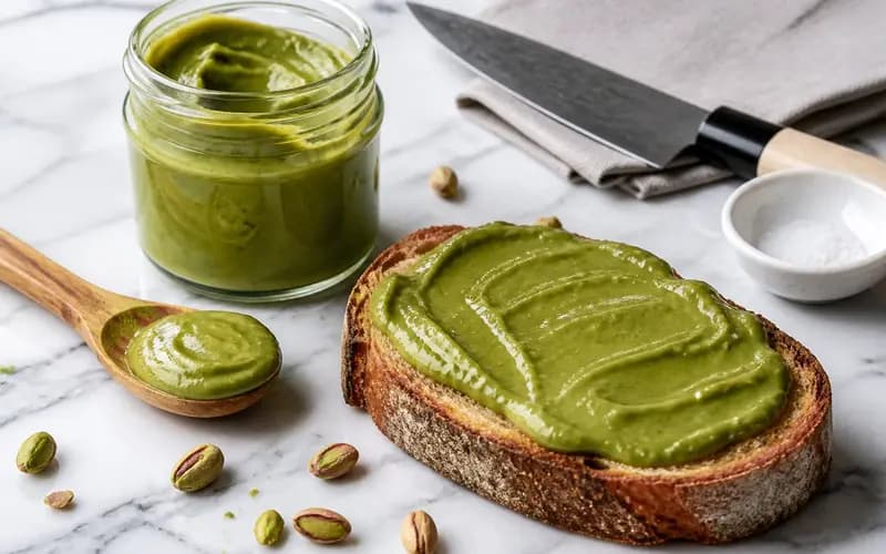 Pâte à tartiner pistache maison vert vif et crémeuse dans un bocal, tartinée sur une tranche de pain