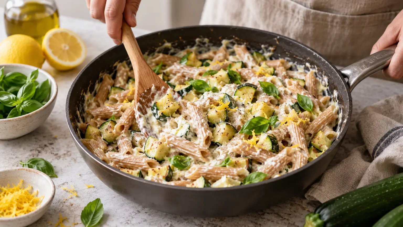 Penne complètes enrobées de ricotta avec courgettes dorées, zeste de citron et basilic