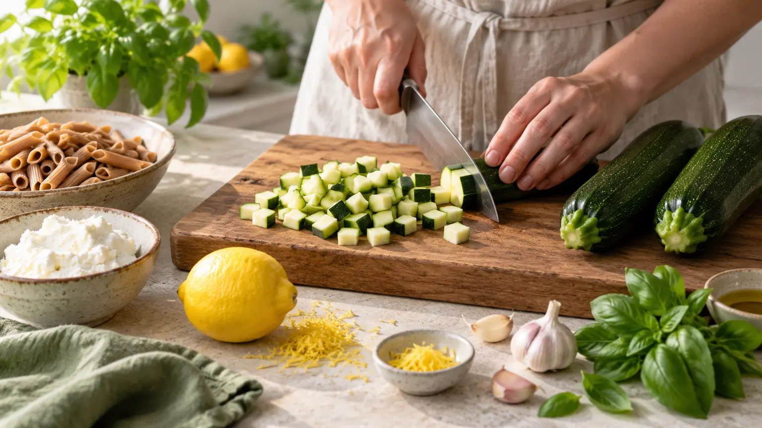 Etape 1 : Préparer les courgettes et le citron — Pâtes complètes courgettes citron ricotta légère