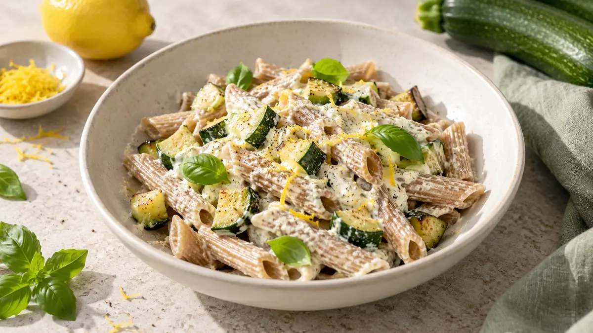 Pâtes complètes crémeuses aux courgettes, ricotta et citron servies dans une assiette creuse claire