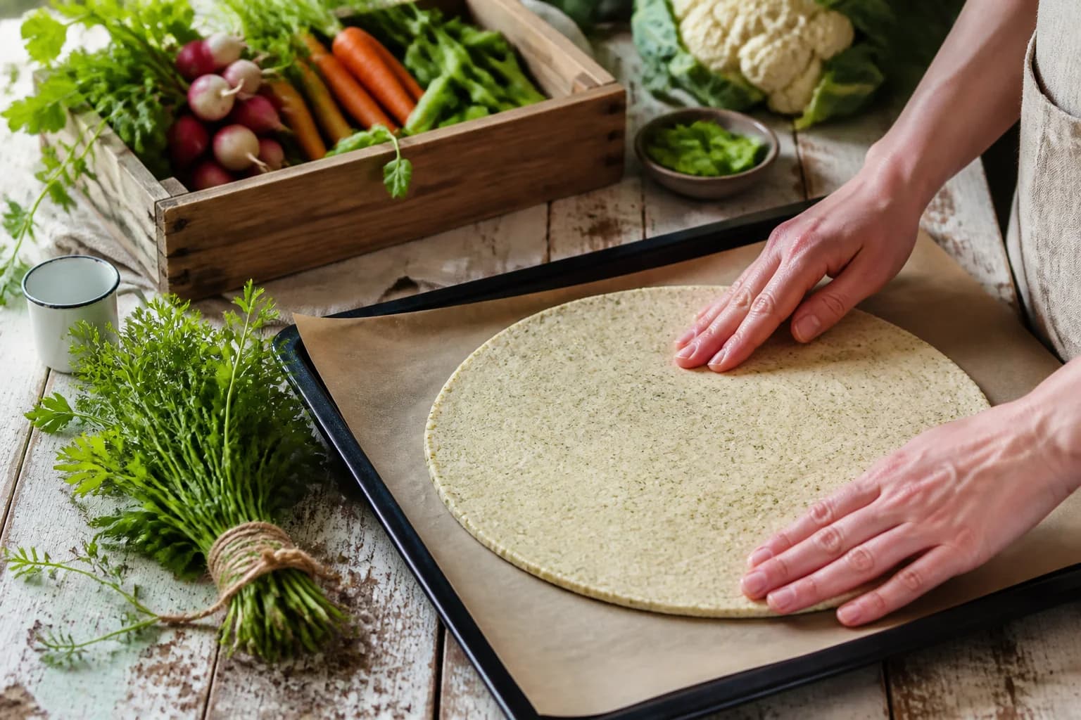 Etape 2 : Façonner et précuire la pâte — Pizza chou-fleur : 4 légumes, pâte croustillante