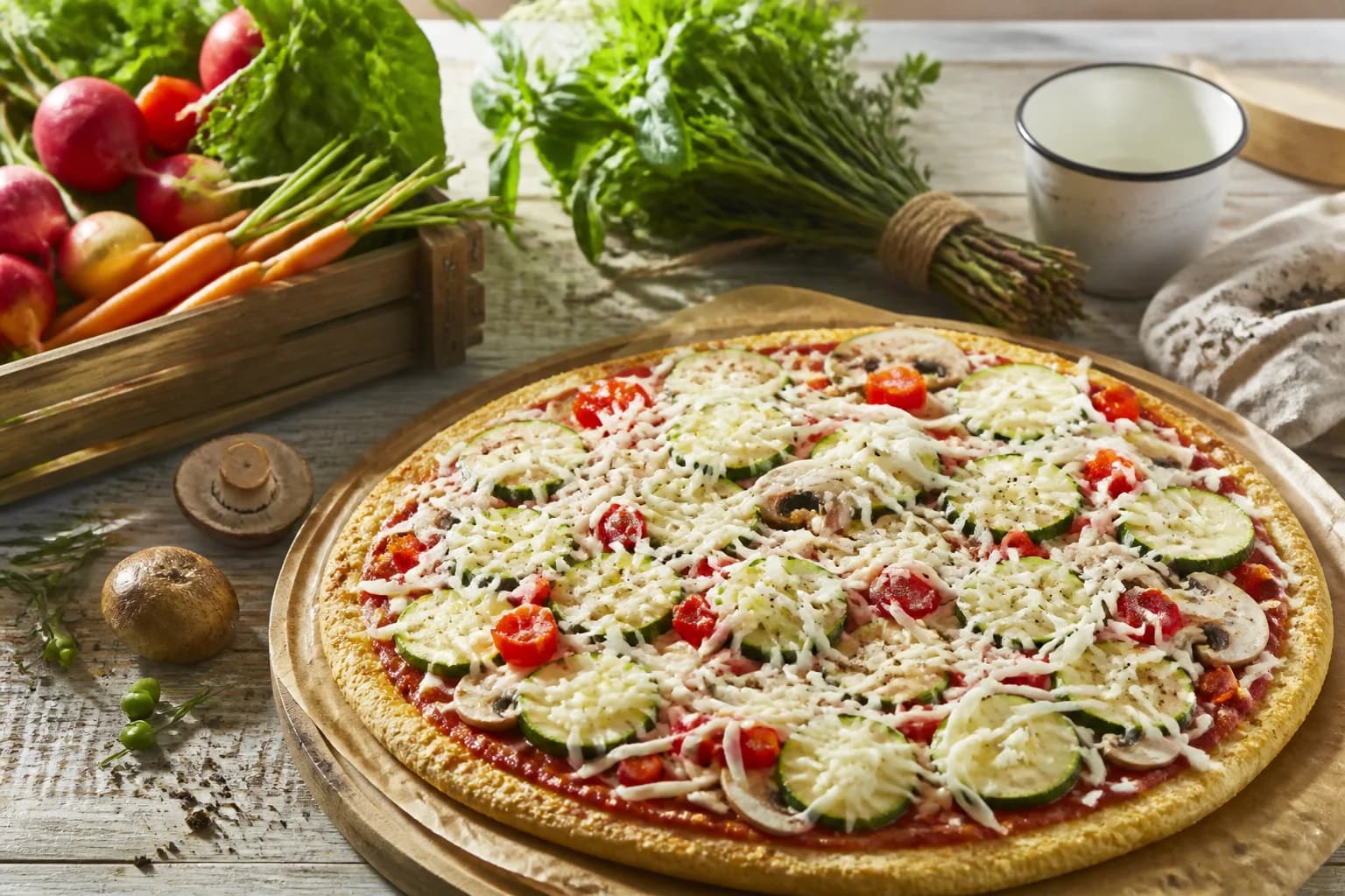 Etape 4 : Garnir et terminer la cuisson — Pizza chou-fleur : 4 légumes, pâte croustillante