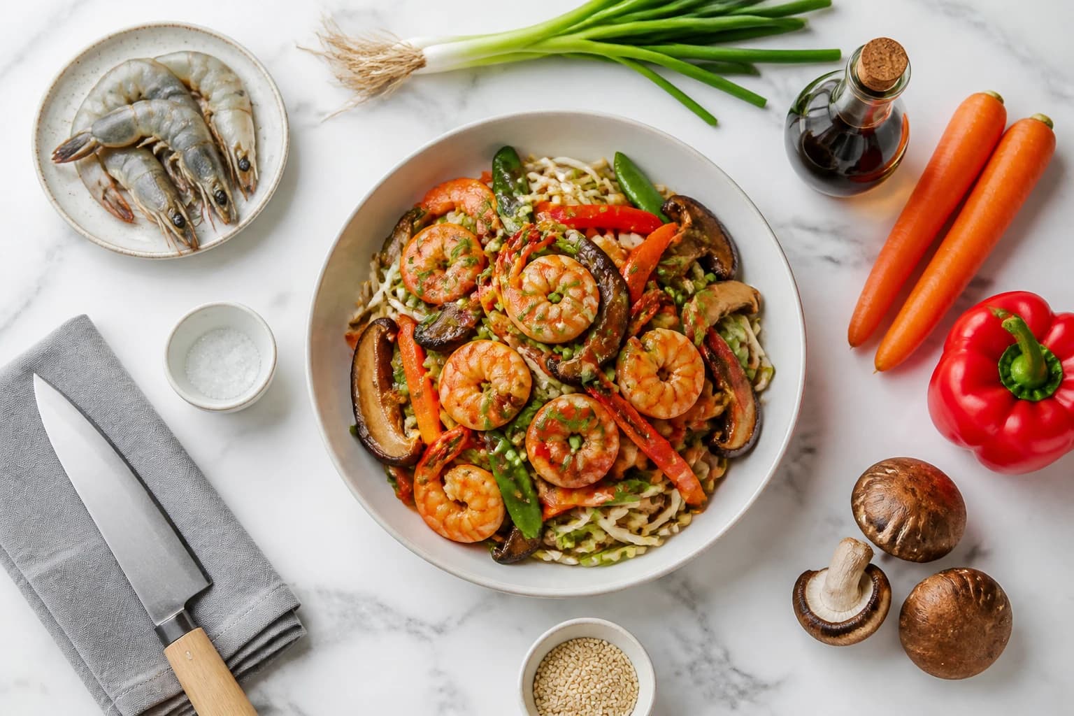 Ingrédients de la poêlée de gambas wok disposés autour du plat fini : gambas, carottes, poivron, shiitake, sauce soja allégée