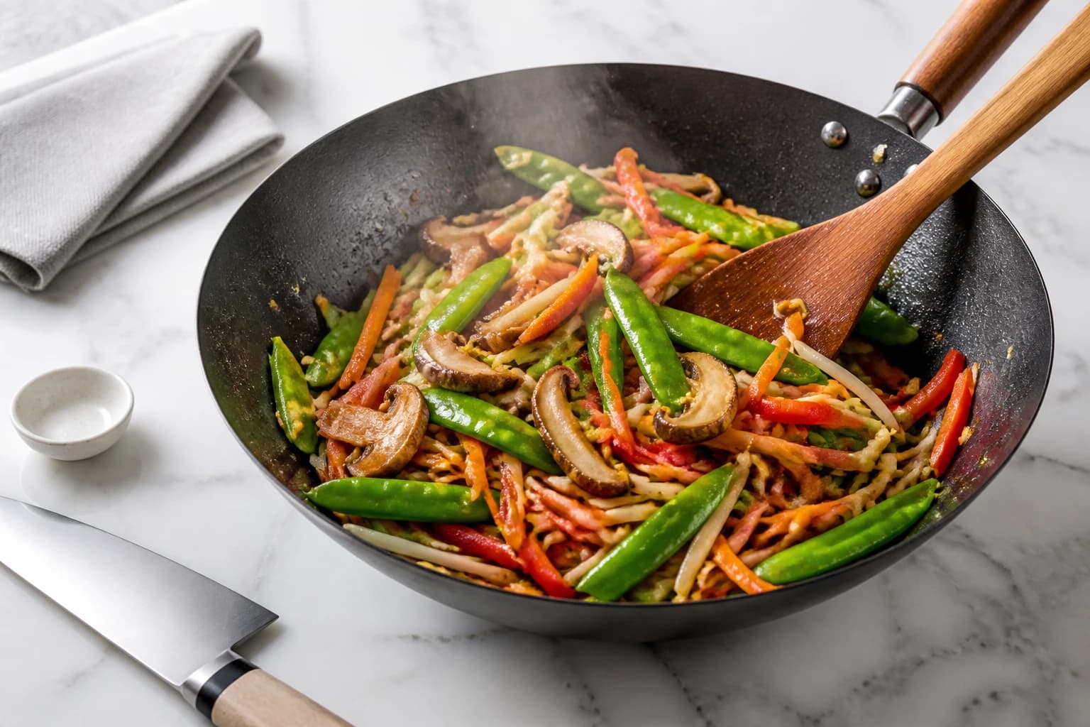 Etape 3 : Sauter les légumes en séquence — Gambas wok sauce soja : express et léger
