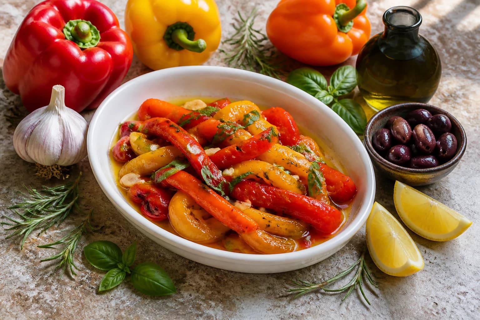 Poivrons rôtis marinés en lanières colorées, ail et basilic frais autour d'un bocal d'antipasti maison