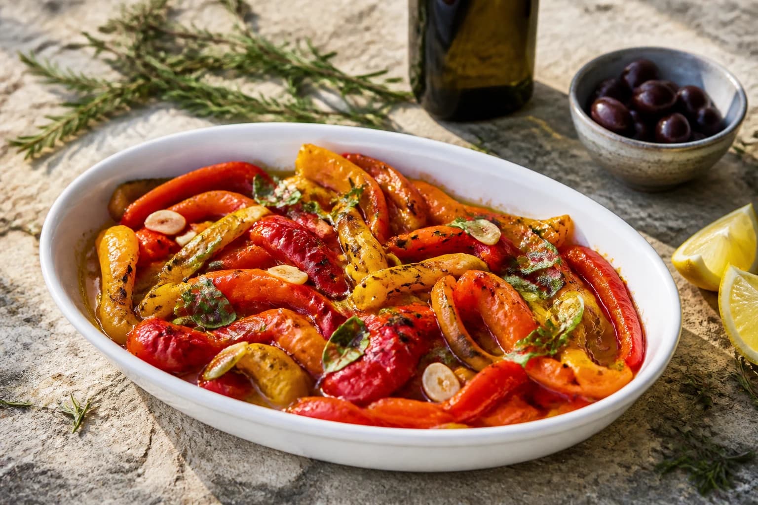Etape 1 : Rôtir les poivrons au four — Poivrons rôtis marinés ail-basilic fondants