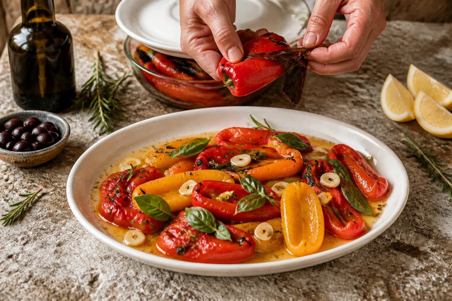 Etape 2 : Peler les poivrons à la vapeur — Poivrons rôtis marinés ail-basilic fondants