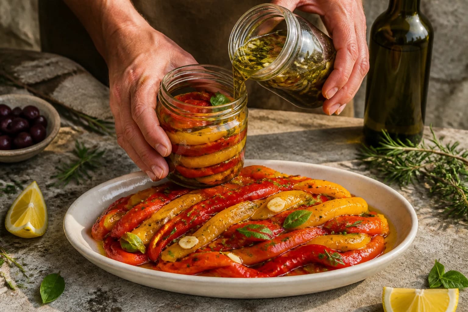 Etape 4 : Assembler et laisser mariner — Poivrons rôtis marinés ail-basilic fondants