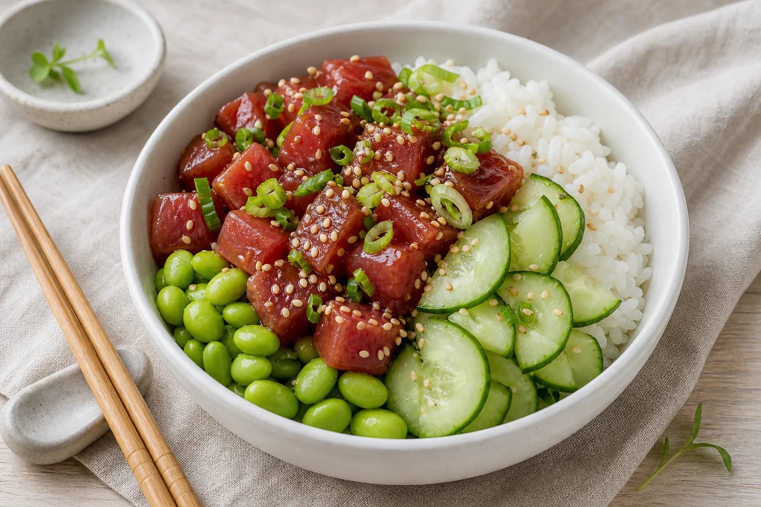 Poke bowl thon, edamames & concombre