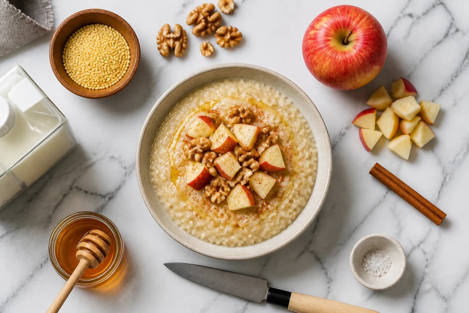 Porridge millet avec pommes caramélisées, cannelle et noix dans un bol en céramique