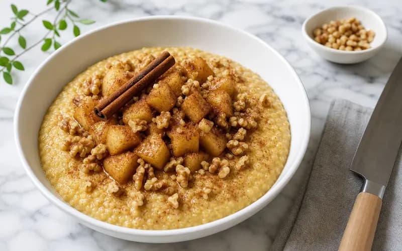 Bol de porridge millet crémeux garni de rondelles de pomme, cannelle saupoudrée et filet de miel doré