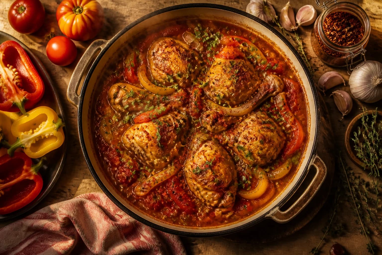 Poulet basquaise allégé vu de dessus avec piperade poivrons tomates et piment d'Espelette