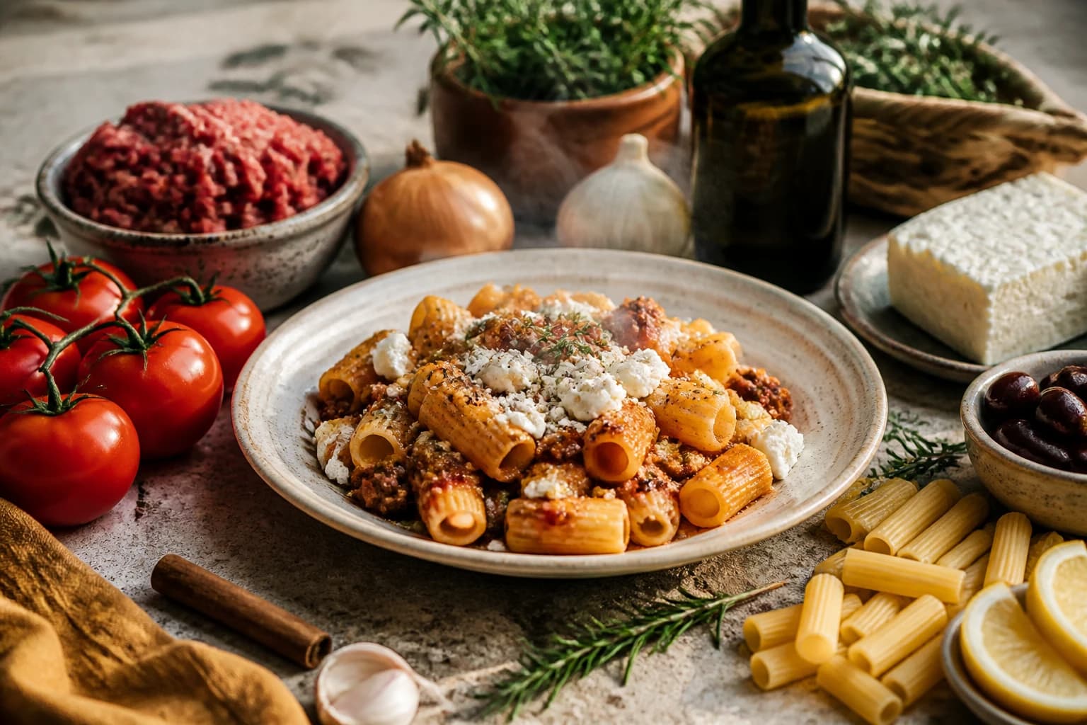 Rigatoni à la bolognaise grecque à la cannelle couronnés de feta émiettée et persil frais